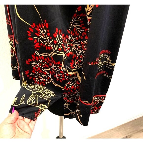 Natori Black Satin Cherry Blossom Floral Long Sleeve Button Up Shirt - Picture 4 of 13